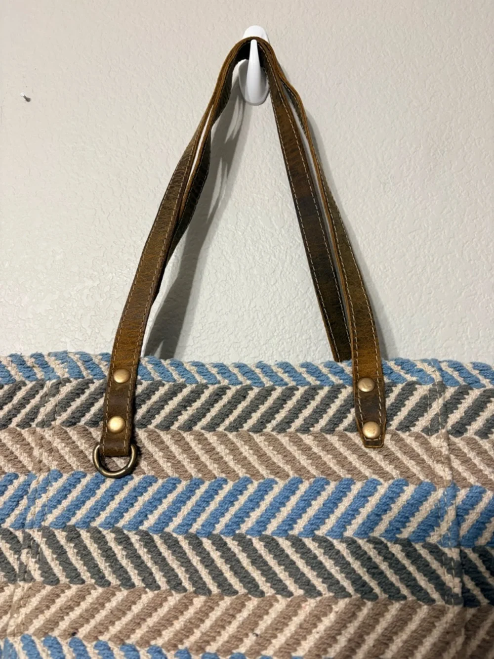 Myra Upcycled Chevron Striped Blue, Beige Gray Woven‎ Tote w Brown Leather Trim